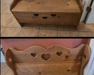 vintage solid pine country-style storage bench features classic heart cut-out accents on the backrest & front panel w a lift-up seat.