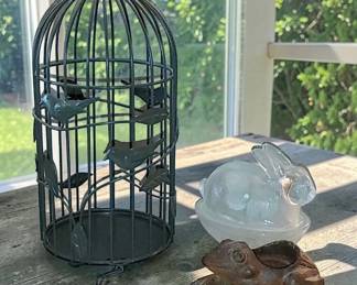 Decorative bird cage Ellie Smith rabbit and cast iron frog