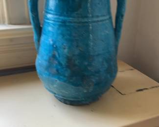 Rustic Turquoise Glazed Ceramic Vase with Handles