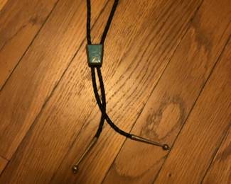  Native American Zuni Sterling Silver Turquoise Inlaid Handmade Vintage Bolo Tie ELB
