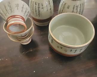 Vintage Japanese Kutani Sake Set with Calligraphy and Gold Accent (6 pieces)
