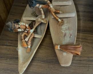 Vintage Handcrafted Native American Straw and Wood Figures, canoes, and hut