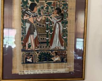 Framed Egyptian Papyrus Art - King and Queen on Lid of Ivory Chest