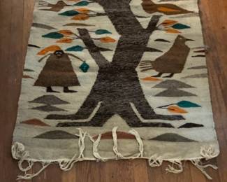 Vintage Handmade Wool Kilim Rug: Tree of Life & Birds 33 x 57
