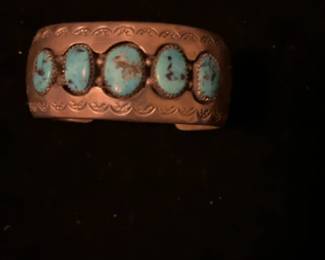 Vintage Native American Style Sterling Silver and Turquoise Cuff Bracelet by Navajo silversmith Sadie Sam