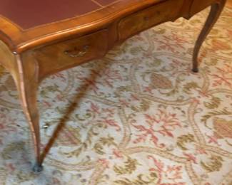 Vintage Louis XV Style Inlaid Wood Desk with Leather Inset Top