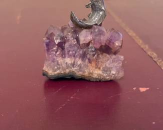 Vintage Silver-Tone Jumping Trout on Amethyst Quartz Cluster Base