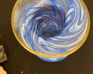 Hand-Blown Blue and White Swirl Glass Vase with Amber Coil Accent