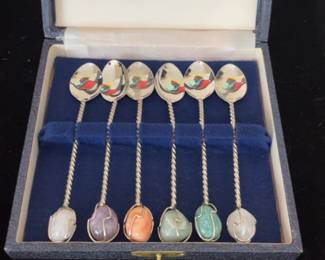 Vintage Silver Plated Demitasse Spoons with Semi-Precious Stone Finials - Set of 6