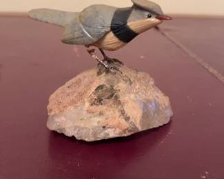 Hand-Carved Stone Bird Figurine on Natural Crystal Base & Sterling Silver Feet