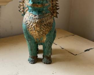 Vintage Gilded Verdigris Foo Dog Guardian Statue