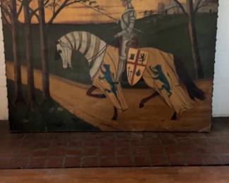 Vintage Medieval Knight on Horseback Oil Painting