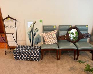 Ethan Allen entry coat rack/mirror, dining chairs, storage ottoman, Men's dressing stand, "Calla Lily" glass panel radiographic xray photography