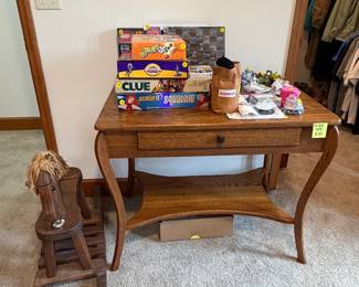 Antique table with drawer, wooden rocking horse