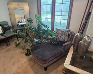 DUNE lounge chair, marble/glass coffee table, large wall mirror, home decor, large potted plant