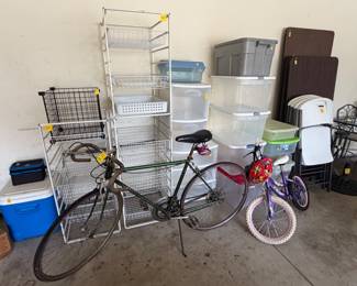 storage/organization shelving, bikes, tables, folding chairs