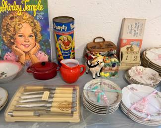 MCM Carvel Hall Steak Knives, 40's  Humpty Dumpty Game, Shirley Temple paper dolls book, Hall mini covered dish, Haviland china