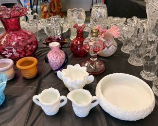 Fenton milk glass sugar bowl, Westmoreland sugar and creamer, Fenton glass baskets, vases, Kings Crown Red Bullseye oil lamp