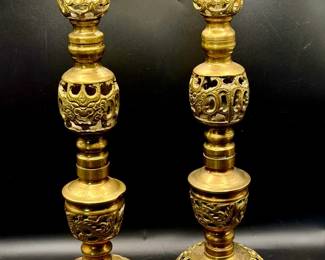 (2) vintage reticulated filigree brass candlesticks