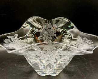 Cambridge Glass Company four-footed bowl in the Rose Point pattern