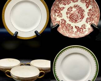 Vintage Dish Lot No chips or cracks Includes: (2) imperial crown china austria green trimmed dishes Old Ivory made in America Dish (4) Tonquin by Myott Saucers (3) double handled cups