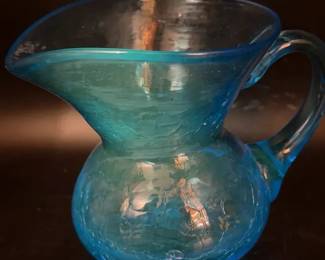 Blue Crackle Glass Pitcher Vintage
