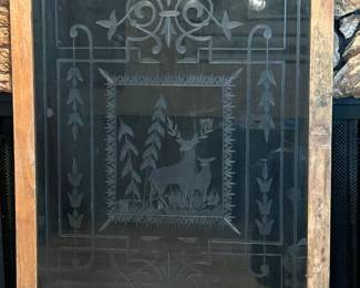 Framed Etched Glass with Deer Scene