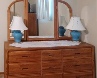 9-drawer oak vanity dresser with mirror (matching bureau)