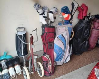 Golf items - bags, rolling cart, clubs, size 2 & 3 golf shoes