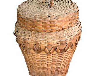 Woven split American porcupine basket with lid