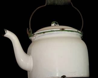 Vintage Ivory, Green Trimmed Enamel Tea Kettle