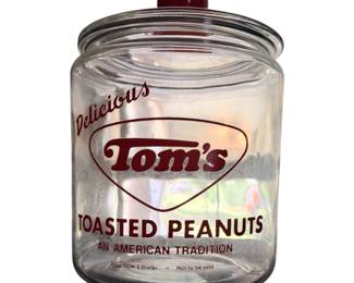 Vintage Tom’s Toasted Peanuts Glass Jar Clear Lid Red Lettering Counter Display