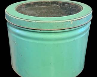 VINTAGE BISCUIT TIN COUNTRY STORE LARGE GREEN W/ GLASS METAL LID BRUNHOFF OHIO