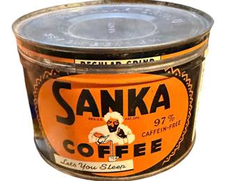 Vtg Sanka Coffee Lets You Sleep Keywind Tin Can Orange Brown Advertising