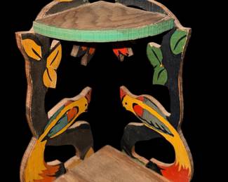vintage, hand-painted wooden folk art corner shelf, often referred to as a whatnot shelf or trinket display shelf/folk art