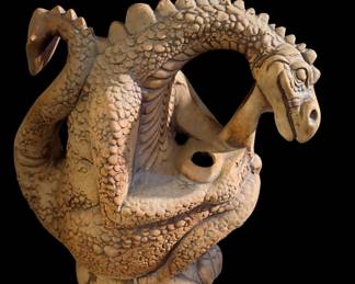 This vintage 1985 pottery oil burner features a flat earth dragon design with The Thinker sculpture. The production technique of this sculpture is pottery and it is categorized under Art and Art Sculptures. The Type of this sculpture is Sculpture and it was produced in the year 1985. This unique and intricately designed sculpture will make a great addition to your art collection. Signed!