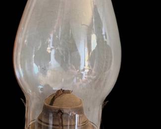Vintage 13” Clear Pattern Glass Finger Hold Oil Lamp With Glass Chimney & Burner