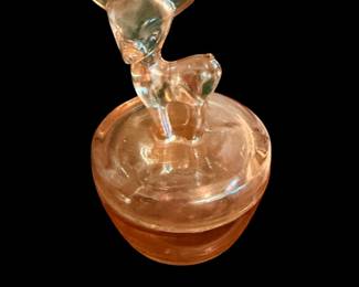 VTG Iridescent Jeannette Carnival Glass Deer/Fawn Vanity Powder Jar Dish w Lid