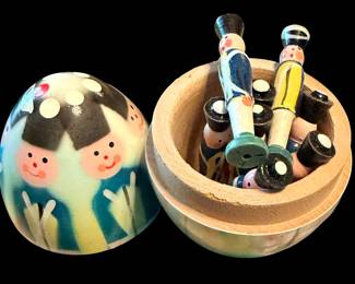 Vintage Polish Wooden Surprise Egg with Mini Bowling Game Inside!