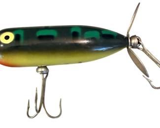 Vintage Heddon Baby Torpedo Fishing Lure Fish Pattern Yellow Eyes