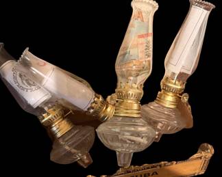 VINTAGE MINIATURE PEG OIL LAMPS W/CRIMPED TOP CHIMNEY'S