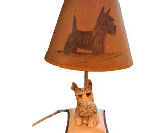 Vintage 1940's scottie dog on pillow Cast-iron with matching shade. This is too cute!