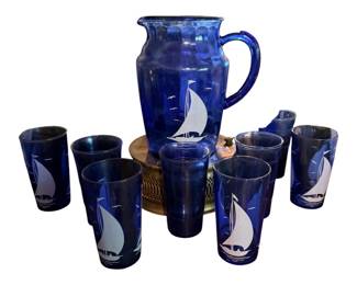 Pitcher Hazel Atlas Sportsman Series Cobalt Blue Depression Glass Set Sailboat/1930’s