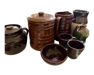 Marcrest Stoneware 1950's Brown Cookie Jar Daisy and Dot Oven-Proof Mid-Century And pitcher Bean pot pottery bowls and coffee cups