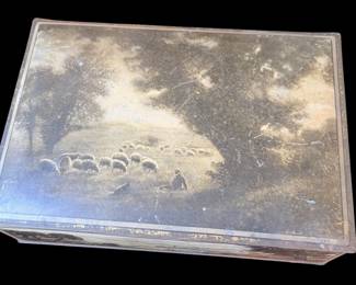 Vintage Tin Box Uneeda Biscuit Tin Box, Vintage Brown Pastoral Landscape Sheep National Biscuit Company Nabisco Storage Container 1920s