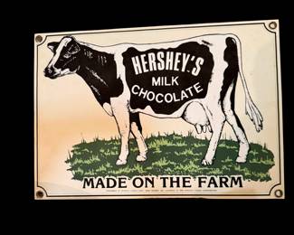 Vintage 1991 Ande Rooney Hershey's Milk Chocolate Cow Porcelain Enameled Sign measuring approximately 10.5" x 7