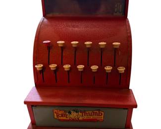 VTG. 1950's TOM THUMB RED TIN TOY METAL CASH REGISTER