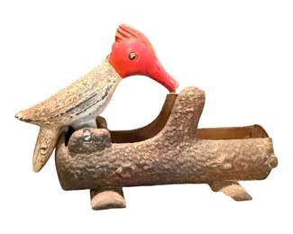 Vintage 1950's Woodpecker Metal Cast Iron Bird on Log Toothpick Holder
