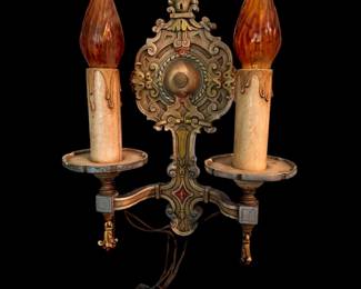 1920s Antique Art Deco Cast Iron Gold Floral Double Arm Electric Wall Sconce Lamp Light Fixture Polychrome Painted Floral 1930s Plug Nouveau
