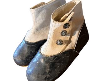 Antique Victorian Children's Button Boots Black Leather Canvas Baby Shoes Pair
